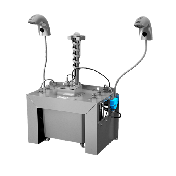 Комплект 2 шт. автоматических смесителей для холодной или температурно-подготовленной воды, с интегрированным автоматическим дозатором мыла, центральный 6 л бачок для мыла, 230 В